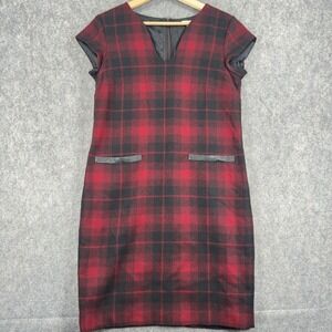 L.L.Bean Signature Sheath Dress Womens 6 Red Plaid Wool Cap Sleeve Lined Pockets